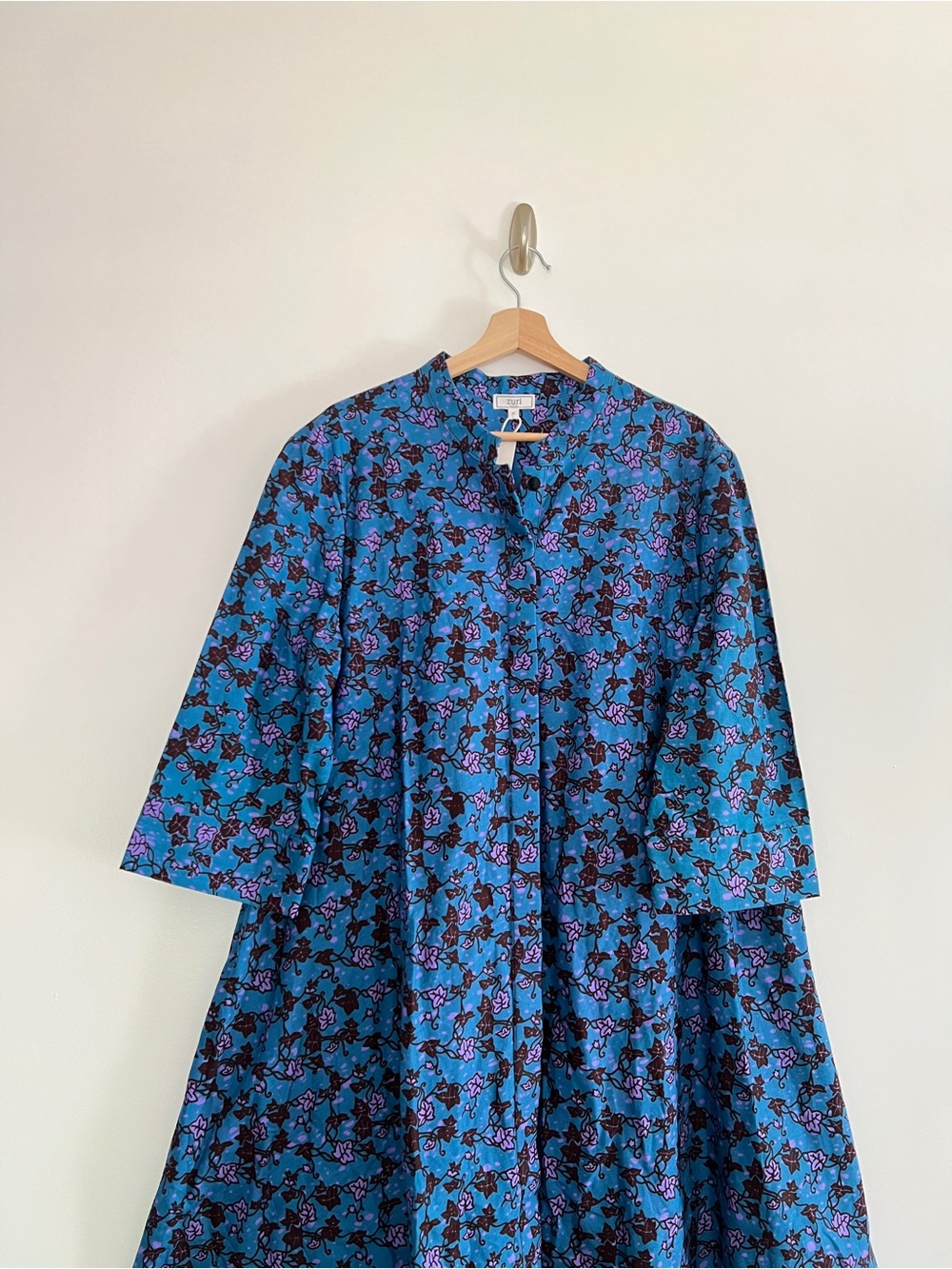 Zuri Kenya Blue Floral Print Cotton Shirt Dress Size XL NWT Made in Kenya - Picture 2 of 6